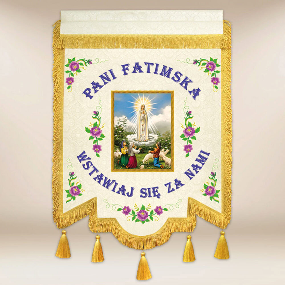 116_p3_26 Chorągiew dwustronna haftowana z wizerunkiem Matki Bożej Fatimskiej